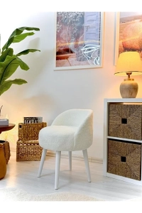 Beyaz Tedy Kumaş  Dekoratif  Berjer Puf Makyaj Masası Pufu